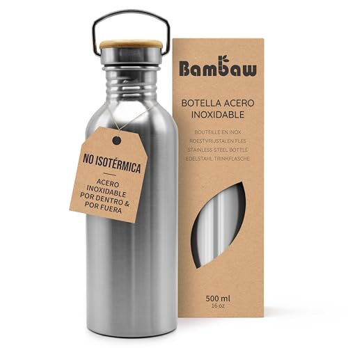 Bambaw Botella Agua Inoxidable 500ml | Botella Ecológica No Térmica | Cantimplora de Acero Inoxidable | Fácil de Limpiar | Botella de Agua Reutilizable | Botella Agua para Niños | Libre de BPA