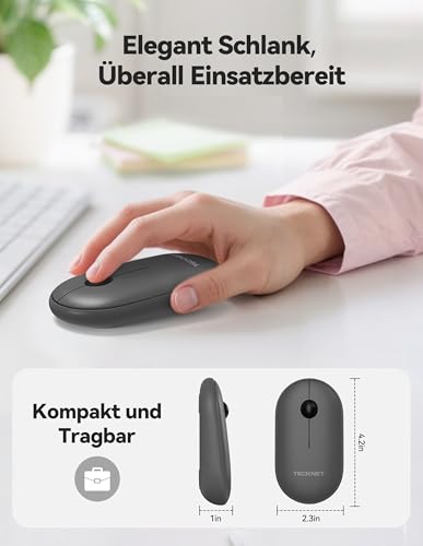 TECKNET Bluetooth Maus, Maus Kabellos (DREI Modi: BT 5.0/3.0 + 2.4G), Optische Leise Funkmaus mit USB-A-Empfänger, Easy-Switch für Laptop PC Computer, Mac OS, Android, Windows, Grau