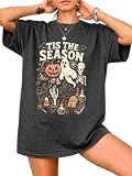 Tis The Season Halloween Shirts Women Oversized Spooky Season Ghost T-Shirt | Oversized Halloween Shirts for Women Funny Pumpkin Ghost Witch Skull Graphic Tees Fall Casual Short Sleeve Tops