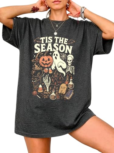Tis The Season Halloween Shirts Women Oversized Spooky Season Ghost T-Shirt | Oversized Halloween Shirts for Women Funny Pumpkin Ghost Witch Skull Graphic Tees Fall Casual Short Sleeve Tops