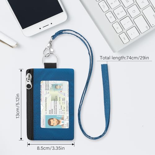 Image of Minimalist RFID Wallet with Lanyard, Multi-Functional ID Case with 2 Zipper Pockets and Key Chain for Men and Women, Tactical Badge Pouch Cards Holder, Coin Purse for Travel Sports-Black+Blue