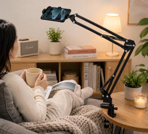 Image of Adjustable Overhead Mobile Holder Stand for Smartphones & Tablets, Metal Arm with 360 Rotation, Anti-Slip Clamp, Flexible Desk Mount for Video Recording, Live Online Classes & Video Calls