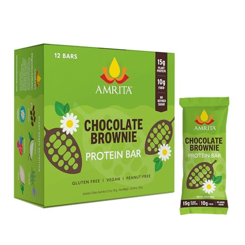 Amrita Nut Free Chocolate Brownie Vegan Protein Bars (12 Count) |15g Plant-Based Protein Bar | Peanut-Free, Gluten Free, and Dairy-Free | No Added Sugar, High Fiber, Healthy School-Safe Snacks