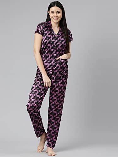 Image of LOODY'S Women's Abstract Print Night Dress | Women Satin Night Suit |Top and Pyjama Set for Girls