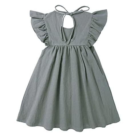 FKKFYY Little Girls' Dresses Bow Tie Cotton Linen Playwear Easter Fly Short Sleeve Ruffle Sleeve Solid Neutral Color Knee Playdress Dress Summer Casual Sundress Size 3-4 Years 3T 4T(062Green,110) Cover