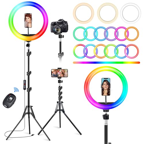 STALLY 10.2' Ring Light with Stand, 75' Tall Ring Light with Phone Holder and Wireless Remote, 12 Dimming Levels, 32 Color Modes Selfie Light Tripod for iPhone, Live Stream, Makeup, YouTube, TikTok