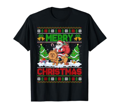 Xmas tree lights ugly santa riding chow chow dog christmas t-shirt