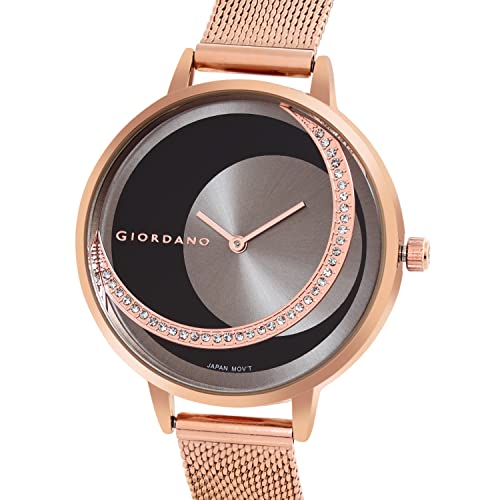 Image of Giordano Black Analogue Watch for Women with Rose Gold Case and Black Stylish Mesh Band Ladies Wrist Watch with Studds on Dial to Complement Your Party Look, Gift for Women