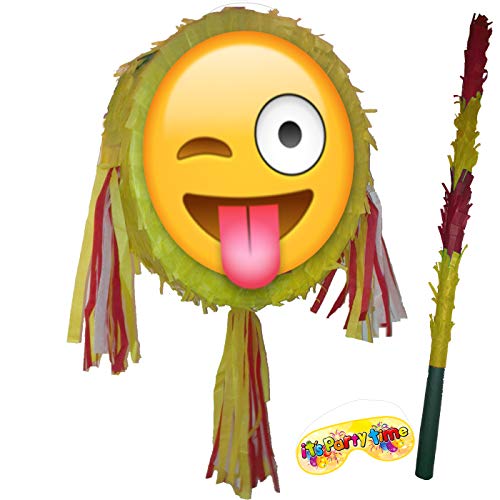 Pinata émoticône avec des bâtons et un bandeau pour les yeux