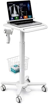 MB-C13-4 Height Adjustable, Lightweight, Anti-Theft, Anti-Slip Medical Laptop Workstation Trolley Cart with Wheels, Oral Scanner Holder, Basket Storage | Tabletop for Dental Office, Hospital, Clinic