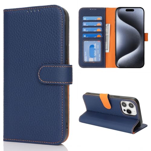 Coque iPhone 15 Pro en cuir véritable bleu et orange avec étui portefeuille chic