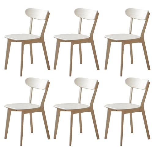 QKFF Modern Dining Chairs Set of 6, Solid Oak Wood Dining Chair with Comfortable Backrest, Sturdy Wooden Chairs for Kitchen, Dining Room, White