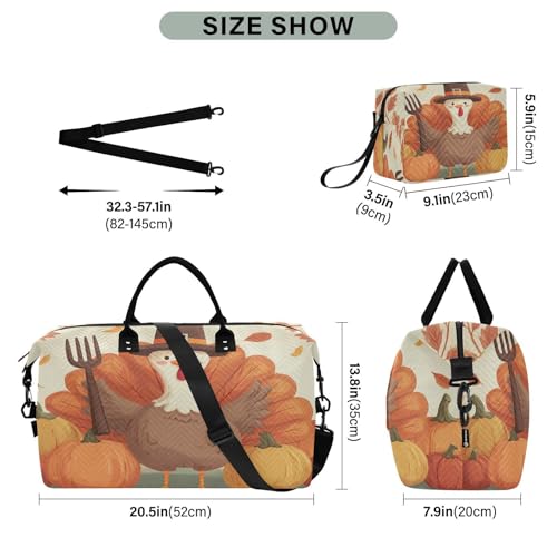 Thanksgiving Turkey Pumpkin Leaves Travel Duffel Bag for Men Women with Makeup Bag Weekend Overnight Carry On Bags for Travel Yoga Gym3