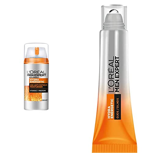 L'Oréal Men Expert Crema Hidratante Antifatiga para Hombre Reduce la Apariencia de Ojeras + L'Oréal Men Expert Hydra Energetic Roll-On para ojos, Fórmula Antifatiga que Reduce la Apariencia de Bolsas