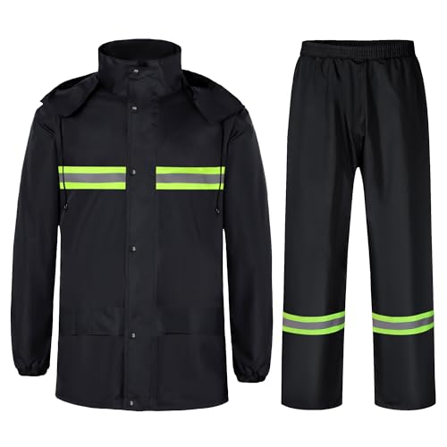 Oralidera Traje de Lluvia para Hombres 2 Piezas Chaqueta con Capucha y pantalón de Lluvia Traje Impermeable de Trabajo Reflectante Traje de Agua Completo para Deportes al Aire Libre, Negro, XXL