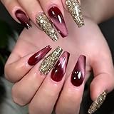 Cat Eyes Press on Nails Medium Coffin Fake Nails with Glitter Sequins Designs Burgundy Nails Press ons Glossy Glue on Nails Daily Wear Nature Acrylic Nails Artificial Stick on Nails for Women 24Pcs