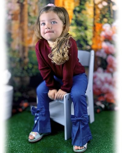 Image of HINTINA Toddler Little Girl Fall Winter Clothes Knitted Sweatsuit Denims Bell Bottom Flared Pants Set