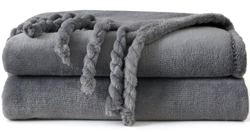 Good Nite Kuscheldecke Flauschig Grau Decke 130x150 cm Fleecedecke für Sofa Stühle und Betten Flanell Wohndecke mit Fransen（130x150 cm,Grau）