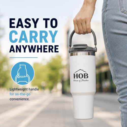 Image of House of Bhaskar 900ml Insulated Coffee Mug with Handle & Lid - Leakproof Stainless Steel Vacuum Travel Mug, Hot 8 Hrs & Cold 12 Hrs, Ideal for Gym, Office, Car & Travel (White)