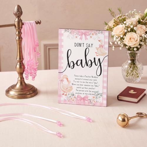 Image of Wesiti 51 Pcs Baby Shower Games Pacifier Necklace Wooden Sign,Pink,Goose