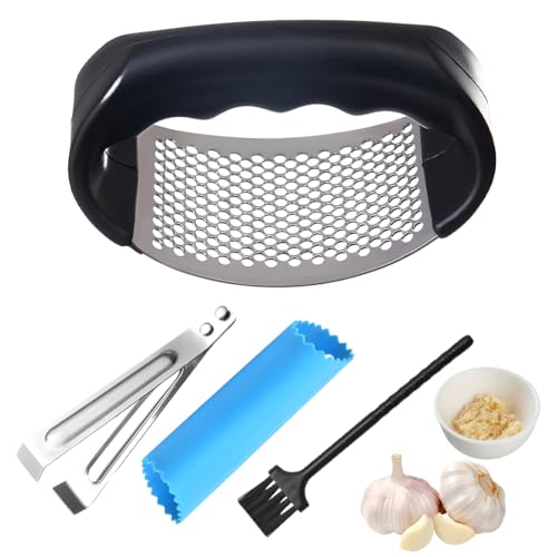 LACHT 4 Pièces Presse Ail, 1 Presse-Ail, 1 Éplucheur D'Ail En Acier Inoxydable, 1 Éplucheur À Main, 1 Brosse, Ustensiles De Cuisine Complet, Pour Préparation Aliments, Maison, Cuisine
