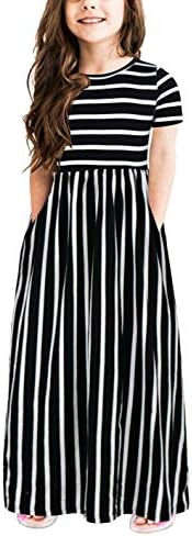 GORLYA Girl's Short Sleeve Floral Print Loose Casual Holiday Long Maxi Dress with Pockets 4-12 Years (6-7Years/Height:120cm, Black Stripe)