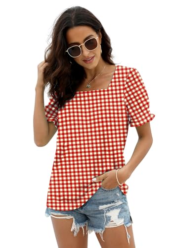 Image of WIHOLL Tops for Women Summer Casual Ruffle Trim Sleeve Square Neck T Shirts