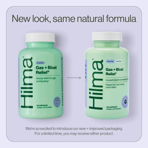 Image of Hilma Gas and Bloating Relief, 100 Vegan Capsules | Natural Herbal Supplements with Peppermint Leaf, Anise, Caraway, Fennel Seed & Lemon Balm for Debloat & Gut Support