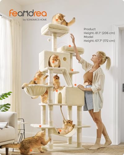 Image of Feandrea Cat Tree, 81.1-Inch Large Cat Tower, Multi-Level Plush Condo with 13 Scratching Posts, 2 Perches, 2 Caves, Basket, Hammock, Pompoms, Beige UPCT190M01