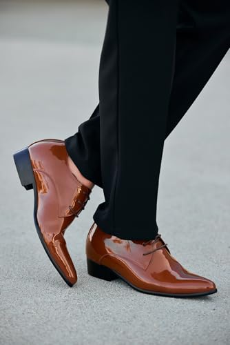 Image of CALTO Men's Invisible Height Increasing Elevator Shoes - Light Brown Patent Leather Lace-up Formal Dress Oxfords - 2.8 Inches Taller - K2728 - Size 6 D(M) US