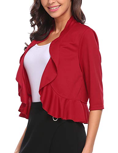 Image of Women's Open Front Cropped Cardigan 3 /4 Sleeve Casual Shrugs Jacket Draped Ruffles Bolero Cardigan