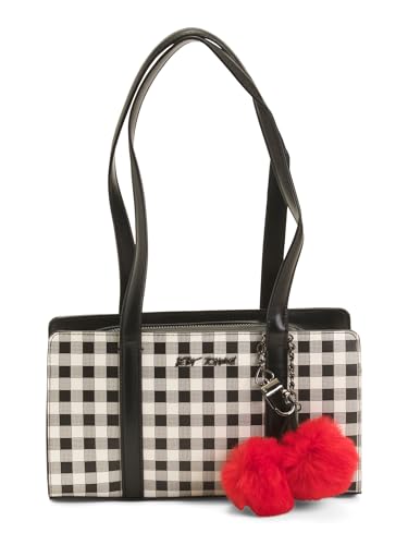 Betsey Johnson Gingham Shoulder Bag with Red Fuzzy Pom Pom Charm