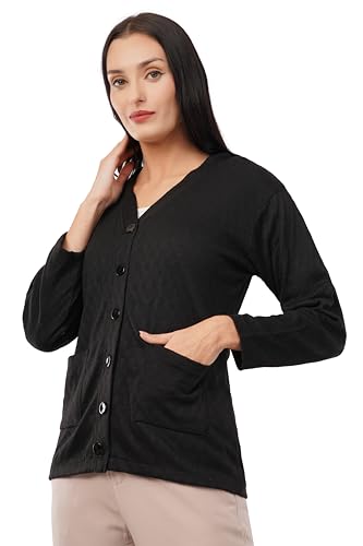 Image of Women Woolen Full Sleeve self Knit v-Neck Sweater Cardigan for Winter wear with Front Pockets Plus