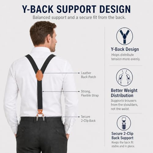 Image of Men's Heavy Duty Y-Back Suspenders, 6 Strong Metal Clips Adjustable Elastic Straps for Work, Tuxedos, and Daily Wear