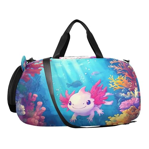 Underwater Cute Pink Axolotl Sports Duffle Bag for Teens Girls Boys, Gym Bag with Shoe Compartment, Kids Travel Overnight Weekender Shoulder Bag2