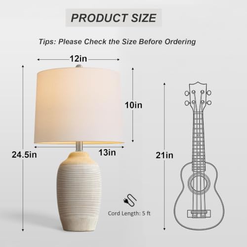 Image of 24.5 inch Ceramic Table Lamp for Living Room with Pre-Attached Shade | Single Beige Bedside Lamps, Hand-Textured Farmhouse Vintage Table Lamps for Bedroom Nightstands, Rustic Home Decor, 5FT Cord