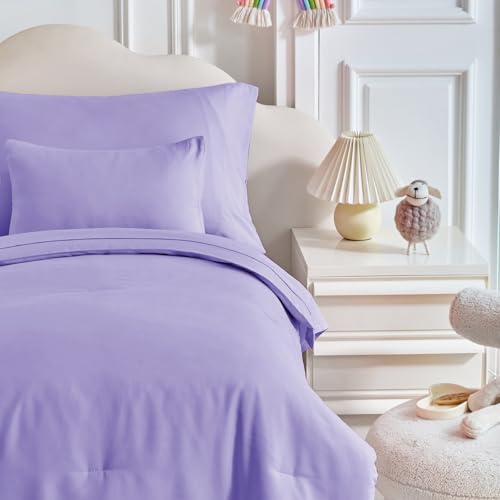 Image of Kids Comforter Sheet Set - Soft and Breathable Bed Set Includes Quilted Comforter, Fitted Sheet, Flat Top Sheet, Pillowcase and Toddler Pillowcase for Toddler - 5 Pieces Toddler Bedding Set Purple