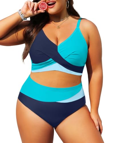 Image of Tempt Me Plus Size High Waisted Two Piece Swimsuit Color Block Bikini Set | Removable Padded Cups for Large Bust, Twist front Design, Color Block Style, Adjustable Straps