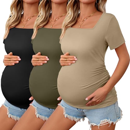 3 Pack Women’s Maternity Shirts Square Neck Side Ruched Short Sleeve Maternity Tops Casual Knitted Pregnancy Tees