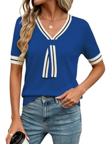 Image of Libsorge Womens Lightweight Cute Bow Tie Sweater Spring 2026 Business Casual Outfits V Neck Short Sleeve Tops