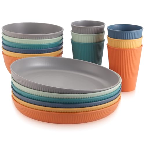 Anbte 18PCS Ensemble de Vaisselle en Plastique Vaisselle Camping Reutilisable pour 6 Personnes Kit de Vaisselle de Camping Incassables pour Pique-Nique, Fête...