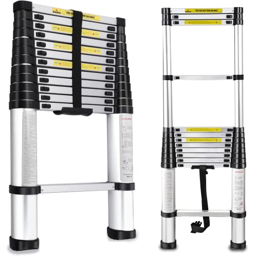 Loobmbns Telescopic Extension Ladder, Aluminum Telescoping Ladder 12.5 Ft, Multi-Purpose Compact Collapsible Ladder With Non-Slip Foot Cover& Locking Mechanism, 330 Lb Capacity #TOP25