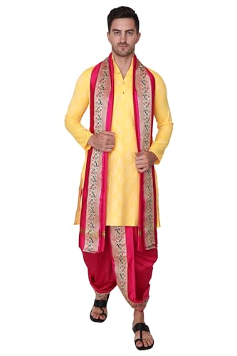 Image of Rameshwaram Fabrics Readymade Dhoti for Men, Velcro Style Stitched Mens Silk Dhoti Pant with Stole Set