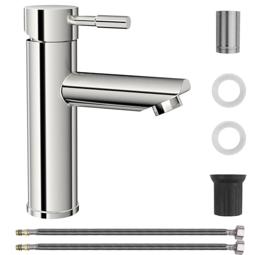 Ravytha Rubinetto Bagno Lavabo Monocomando con Tubo Collegamento da 60cm, Miscelatore Lavandino Bagno Acqua Calda e Fredda Regolabile, Miscelatore Lavabo con Cartuccia in Ceramica(Acciai Inossidabili)