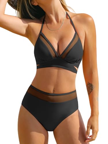 CUPSHE Women's Bikini Sets Halter V Neck Self Tied Straps Bathing Suit High Rise Mesh Edge Light Support