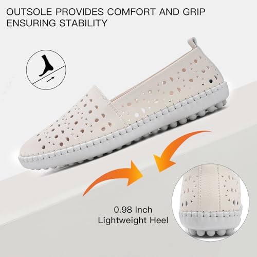 Image of Women's Summer Slip On Loafers, Breathable Perforated Hollow Cutout Flats, Comfortable Vegan Leather Walking Work Shoes for Women, Heart Floral Geometric Pattern Soft Sole Casual Summer Footwear