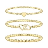 Turandoss Gold Beaded Bracelets for Women Girls, Gold Stretch Bead Bracelet Dainty Handmade Heart Charm Bracelet Stack Adjustable Bracelets Set Jewellery Birthday Gifts for Teen Girls