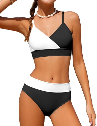 Image of Girls Swimsuit V Neck Bikini Set Color Block with Cover Up 3Pcs Bathing Suits