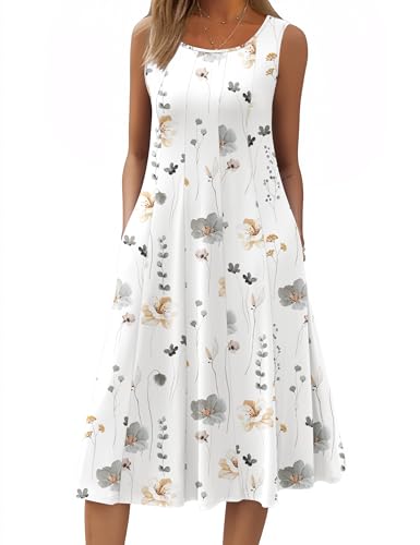 Image of HOTOUCH Summer Casual Dresses for Women Sleeveless Midi Dress Swing Tank Sundress Pleated Tshirt Dress with Pockets