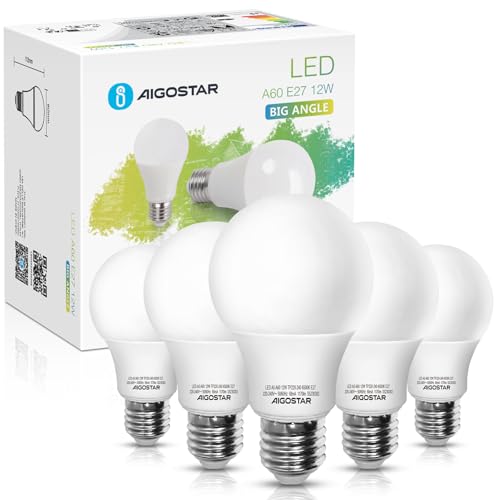 Aigostar Bombilla Led E27 Blanco Frio 6500K, 12W Equivalente a 81W, 1170 Lúmenes, Bombillas Led A60, Ángulo 280º - Caja de 5 unidades